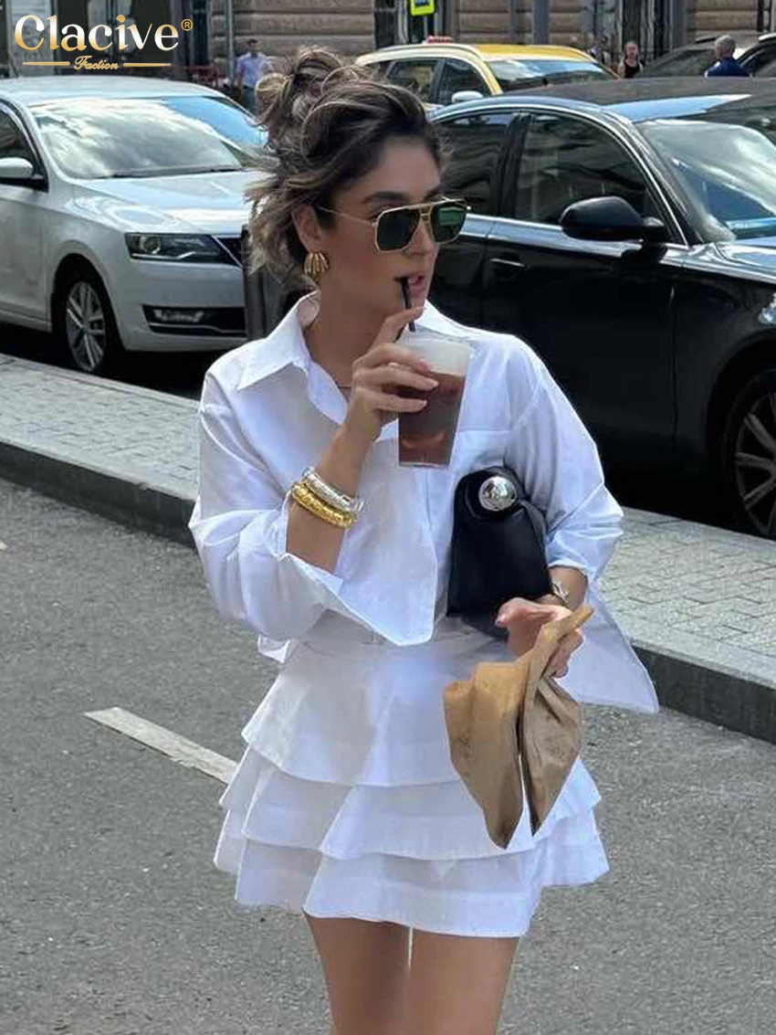 Clacive Fashion Loose White Cotton Women's Two Pieces Set 2025 Elegant Long Sleeve Shirt With High Waist Pleated Mini Skirt Set