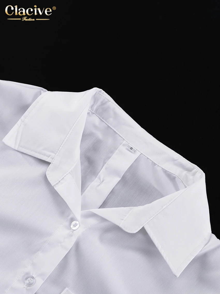 Clacive Fashion Loose White Cotton Women's Two Pieces Set 2025 Elegant Long Sleeve Shirt With High Waist Pleated Mini Skirt Set