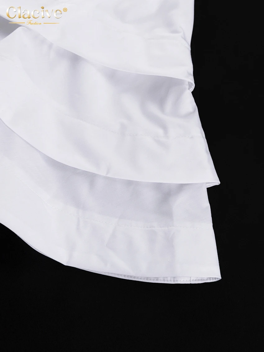 Clacive Fashion Loose White Cotton Women's Two Pieces Set 2025 Elegant Long Sleeve Shirt With High Waist Pleated Mini Skirt Set