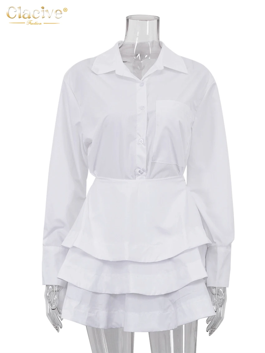 Clacive Fashion Loose White Cotton Women's Two Pieces Set 2025 Elegant Long Sleeve Shirt With High Waist Pleated Mini Skirt Set