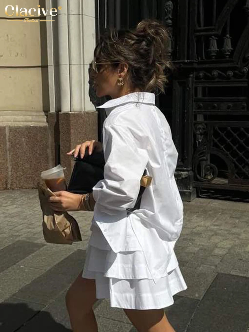 Clacive Fashion Loose White Cotton Women's Two Pieces Set 2025 Elegant Long Sleeve Shirt With High Waist Pleated Mini Skirt Set