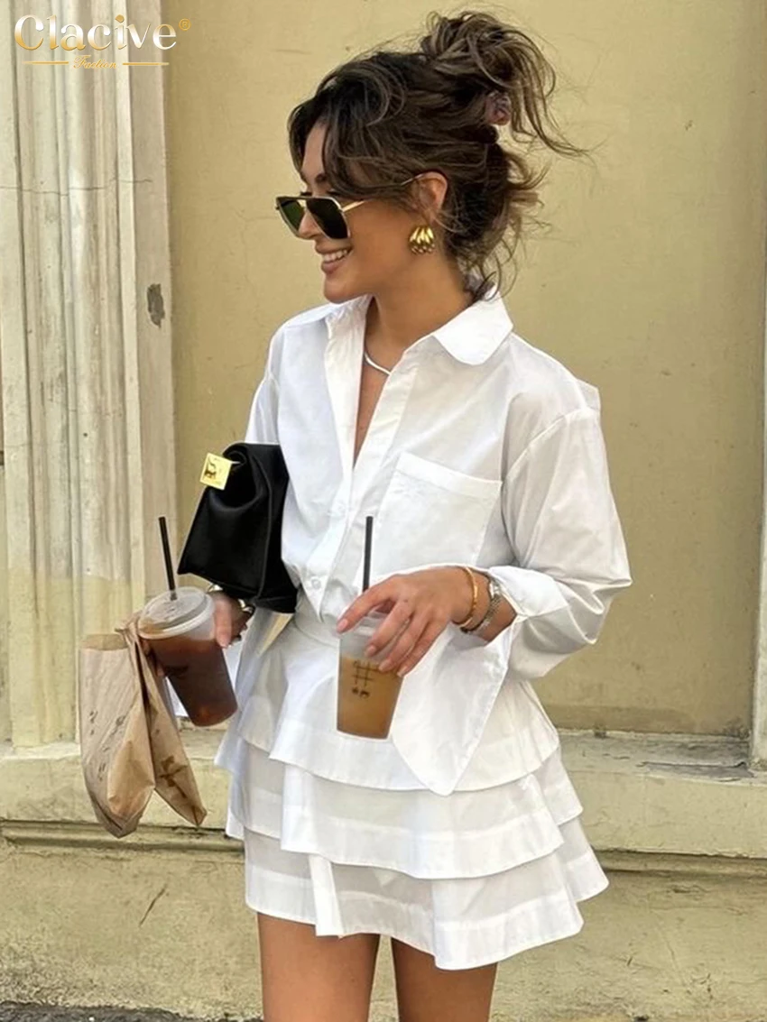 Clacive Fashion Loose White Cotton Women's Two Pieces Set 2025 Elegant Long Sleeve Shirt With High Waist Pleated Mini Skirt Set