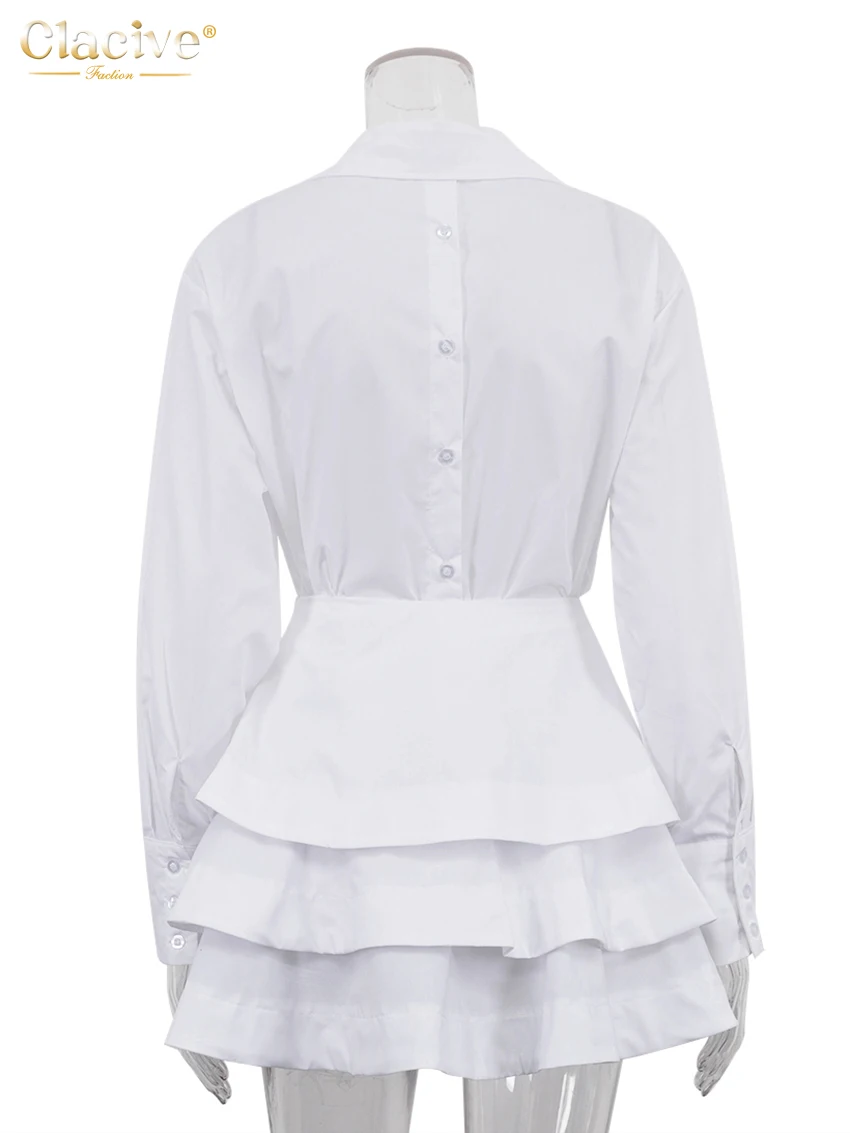 Clacive Fashion Loose White Cotton Women's Two Pieces Set 2025 Elegant Long Sleeve Shirt With High Waist Pleated Mini Skirt Set