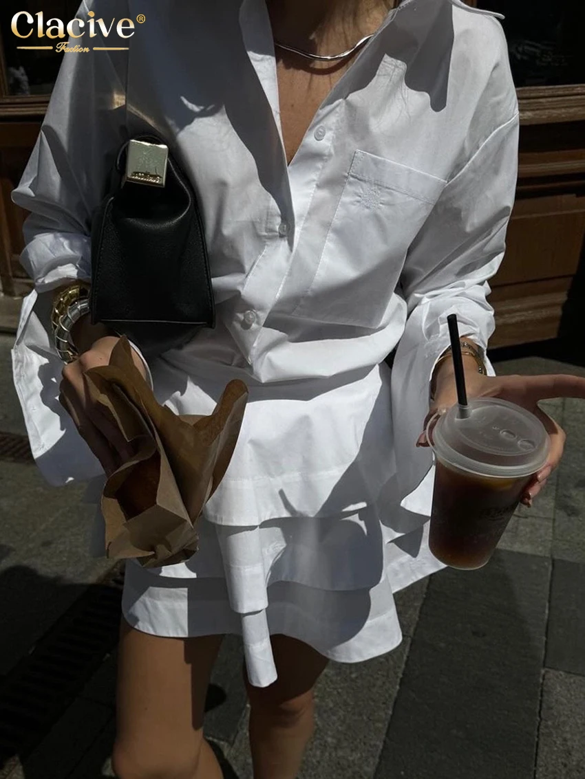Clacive Fashion Loose White Cotton Women's Two Pieces Set 2025 Elegant Long Sleeve Shirt With High Waist Pleated Mini Skirt Set