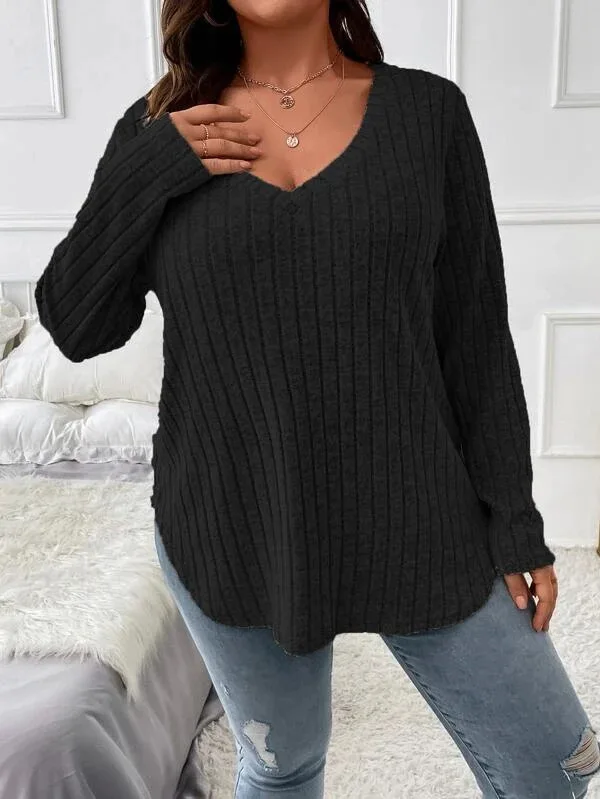 GIBSIE Plus Size Women's Casual V-Neck Long Sleeve Tees Shirt 2024 Spring Autumn Fashion Loose Ribbed Knit Tops for Women
