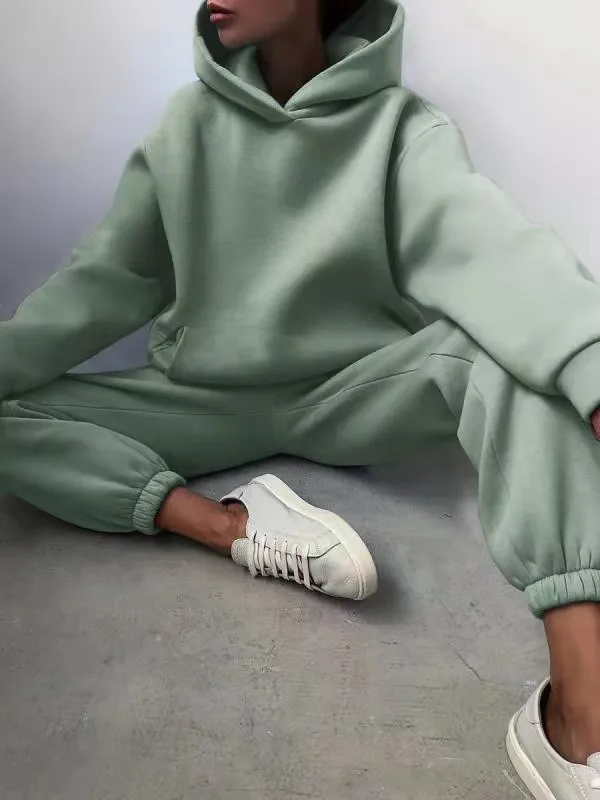 Women Tracksuit Hoodies Casual Solid Long Sleeve Fleece Warm Hooded Sportswear Suit Hoody Pullovers Long Pant Two Pieces Sets