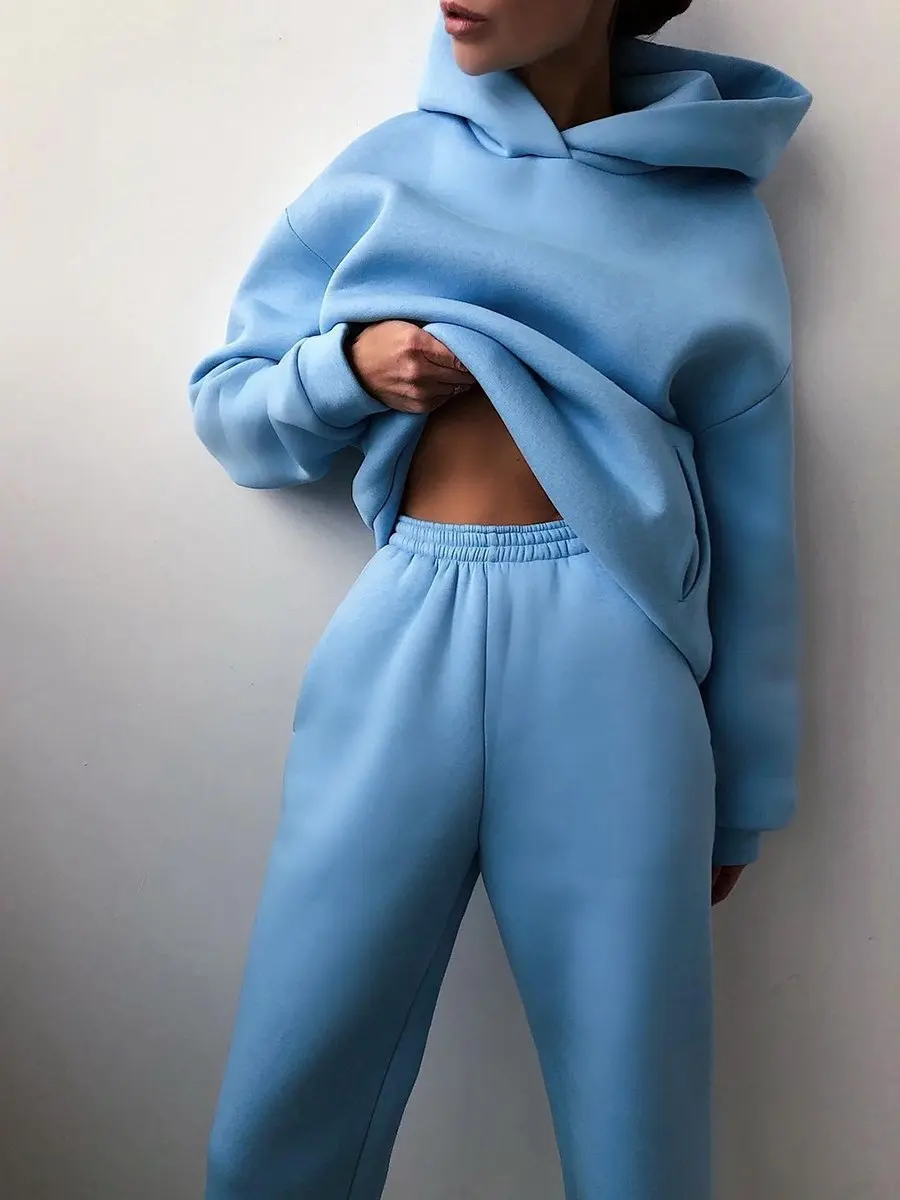 Women Tracksuit Hoodies Casual Solid Long Sleeve Fleece Warm Hooded Sportswear Suit Hoody Pullovers Long Pant Two Pieces Sets