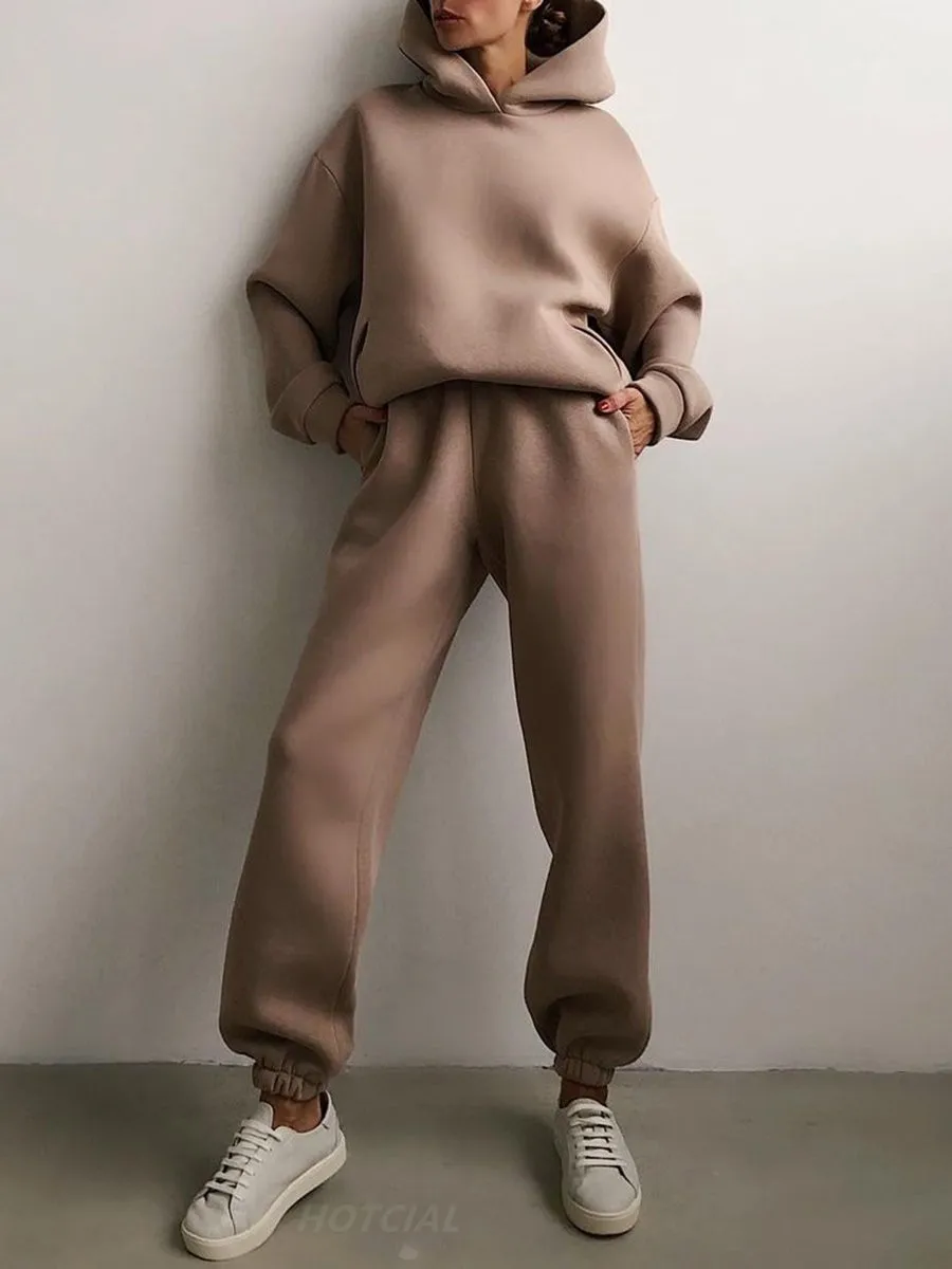 Women Tracksuit Hoodies Casual Solid Long Sleeve Fleece Warm Hooded Sportswear Suit Hoody Pullovers Long Pant Two Pieces Sets