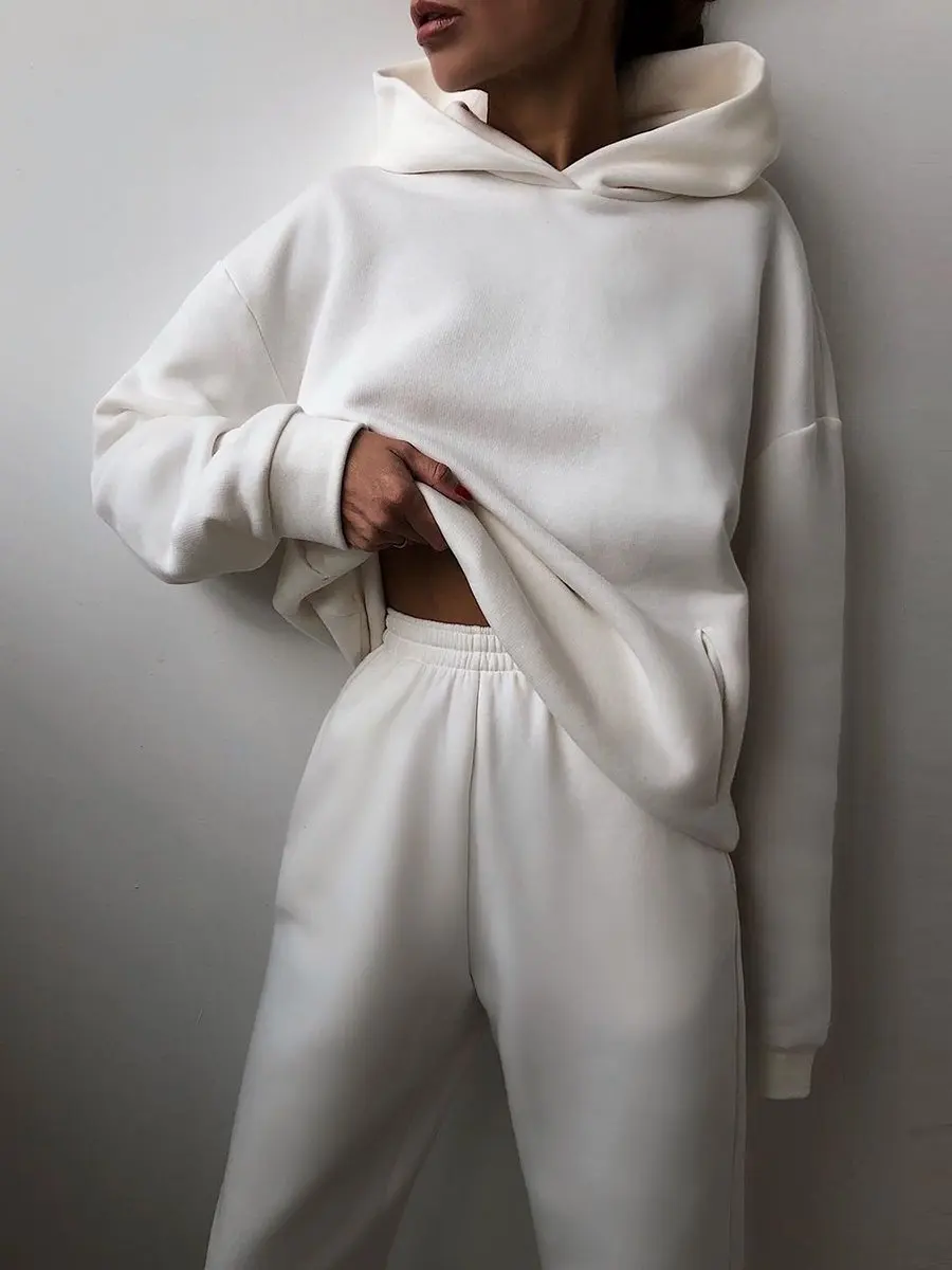 Women Tracksuit Hoodies Casual Solid Long Sleeve Fleece Warm Hooded Sportswear Suit Hoody Pullovers Long Pant Two Pieces Sets