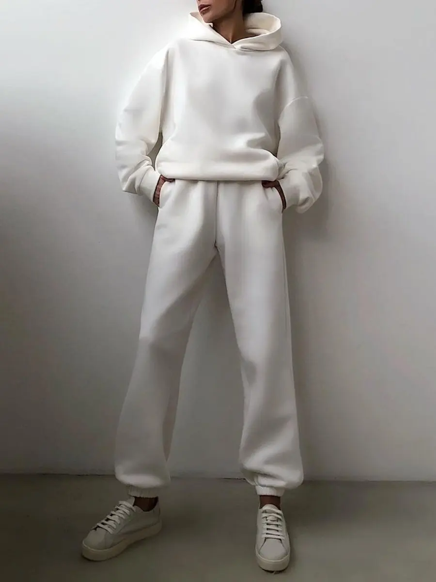 Women Tracksuit Hoodies Casual Solid Long Sleeve Fleece Warm Hooded Sportswear Suit Hoody Pullovers Long Pant Two Pieces Sets