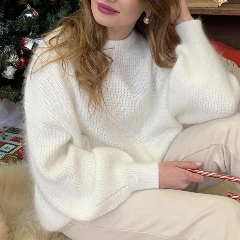 Hirsionsan Soft Loose Knitted Cashmere Sweaters Women 2023 New Winter Loose Solid Female Pullovers Warm Basic Knitwear Jumper