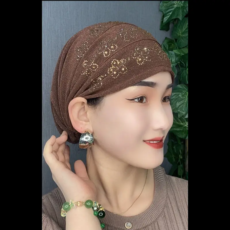 Summer Diamonds Turban Caps for Women Elastic Wrap Head Bonnet Muslim Hijab Turbans Female Headscarf Hat Chemo Headwear