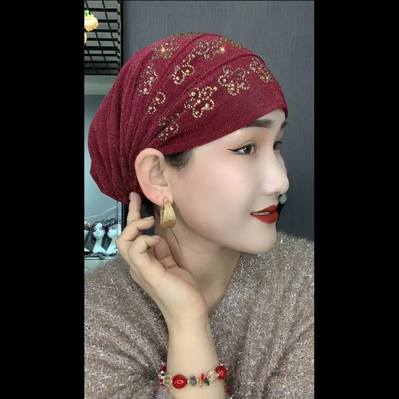 Summer Diamonds Turban Caps for Women Elastic Wrap Head Bonnet Muslim Hijab Turbans Female Headscarf Hat Chemo Headwear