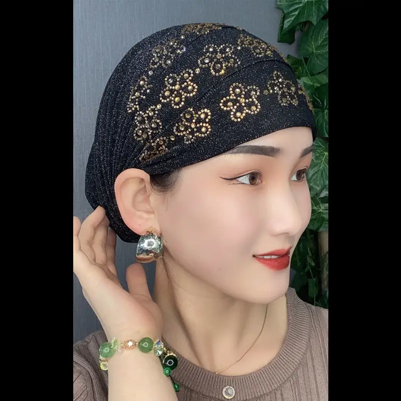 Summer Diamonds Turban Caps for Women Elastic Wrap Head Bonnet Muslim Hijab Turbans Female Headscarf Hat Chemo Headwear