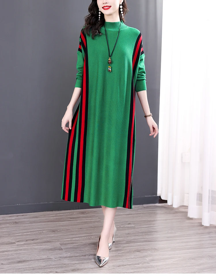 Winter Green Casual Knitted Sweater&Jumpers Autumn Elegant Vintage O-Neck Pullovers Women Bodycon Wool Sweater Midi Dresses