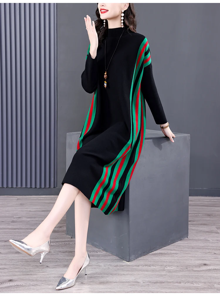 Winter Green Casual Knitted Sweater&Jumpers Autumn Elegant Vintage O-Neck Pullovers Women Bodycon Wool Sweater Midi Dresses