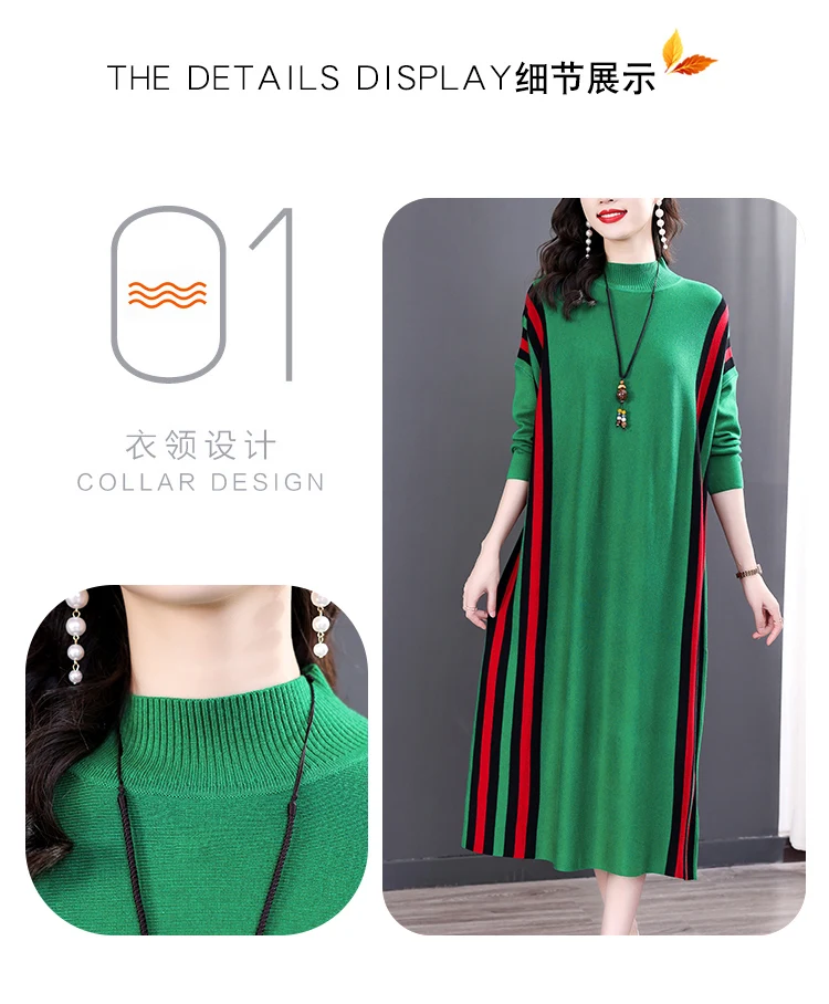 Winter Green Casual Knitted Sweater&Jumpers Autumn Elegant Vintage O-Neck Pullovers Women Bodycon Wool Sweater Midi Dresses