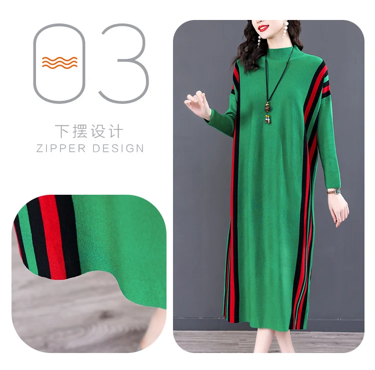 Winter Green Casual Knitted Sweater&Jumpers Autumn Elegant Vintage O-Neck Pullovers Women Bodycon Wool Sweater Midi Dresses