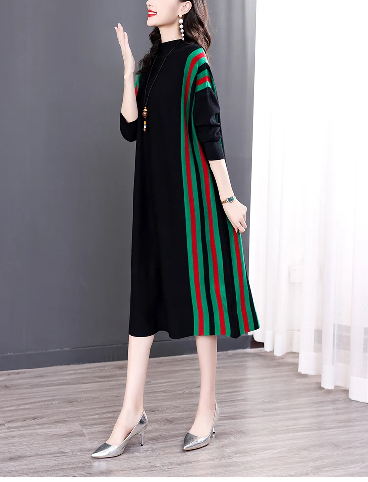 Winter Green Casual Knitted Sweater&Jumpers Autumn Elegant Vintage O-Neck Pullovers Women Bodycon Wool Sweater Midi Dresses