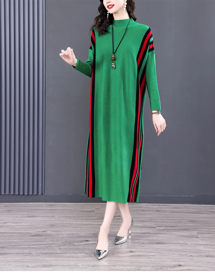 Winter Green Casual Knitted Sweater&Jumpers Autumn Elegant Vintage O-Neck Pullovers Women Bodycon Wool Sweater Midi Dresses