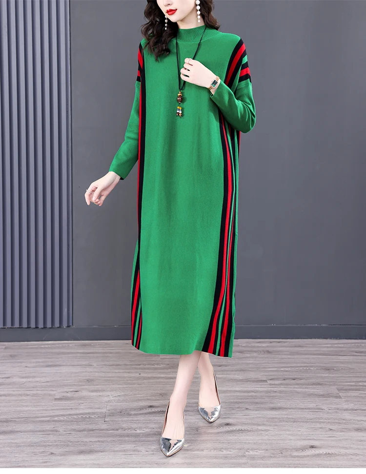 Winter Green Casual Knitted Sweater&Jumpers Autumn Elegant Vintage O-Neck Pullovers Women Bodycon Wool Sweater Midi Dresses