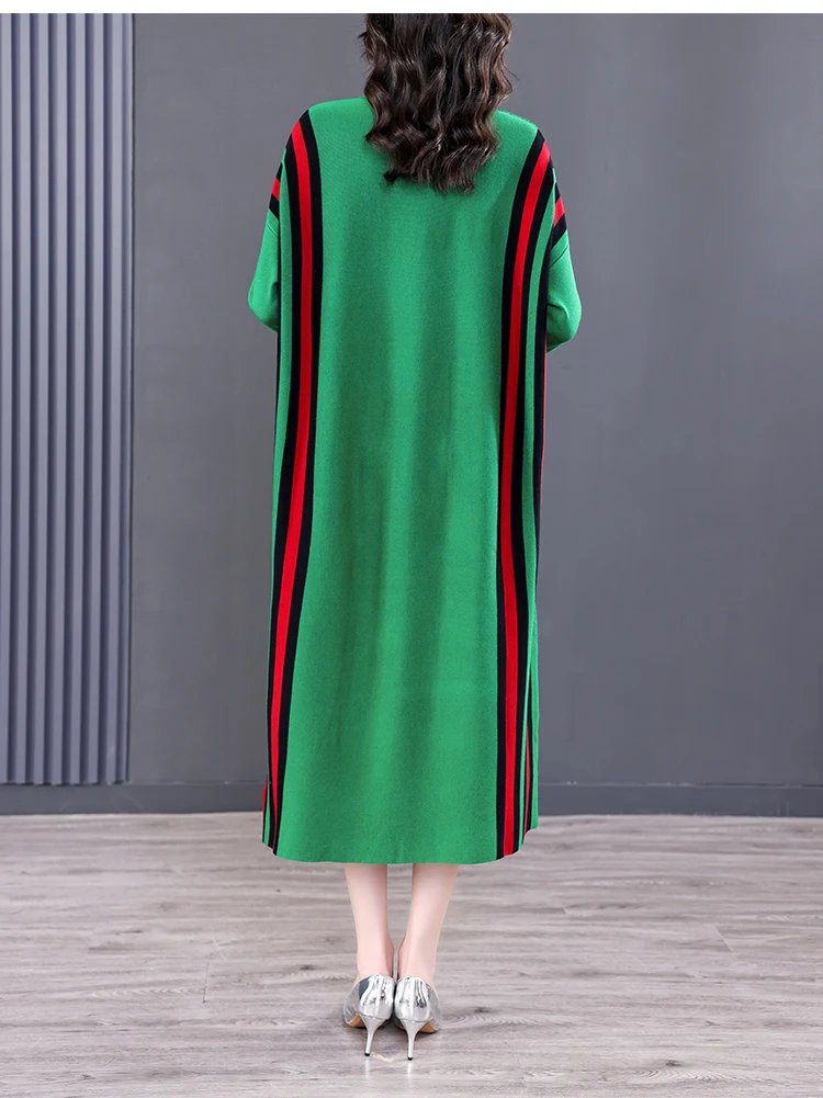 Winter Green Casual Knitted Sweater&Jumpers Autumn Elegant Vintage O-Neck Pullovers Women Bodycon Wool Sweater Midi Dresses