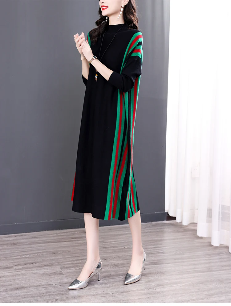 Winter Green Casual Knitted Sweater&Jumpers Autumn Elegant Vintage O-Neck Pullovers Women Bodycon Wool Sweater Midi Dresses