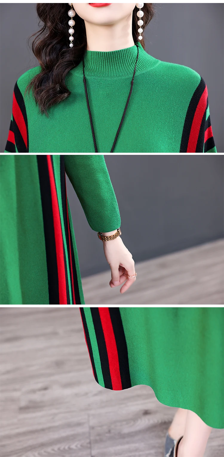 Winter Green Casual Knitted Sweater&Jumpers Autumn Elegant Vintage O-Neck Pullovers Women Bodycon Wool Sweater Midi Dresses