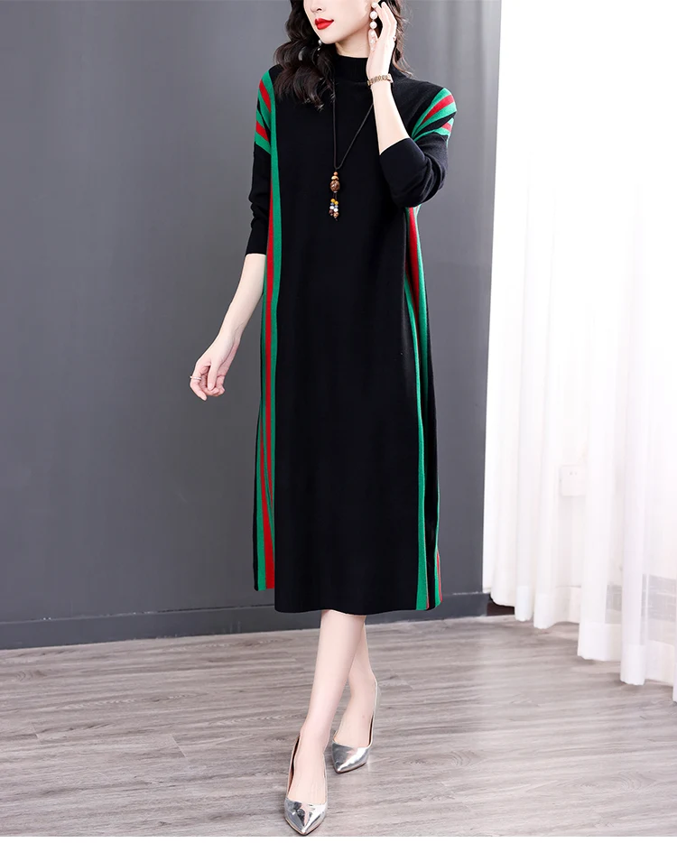 Winter Green Casual Knitted Sweater&Jumpers Autumn Elegant Vintage O-Neck Pullovers Women Bodycon Wool Sweater Midi Dresses