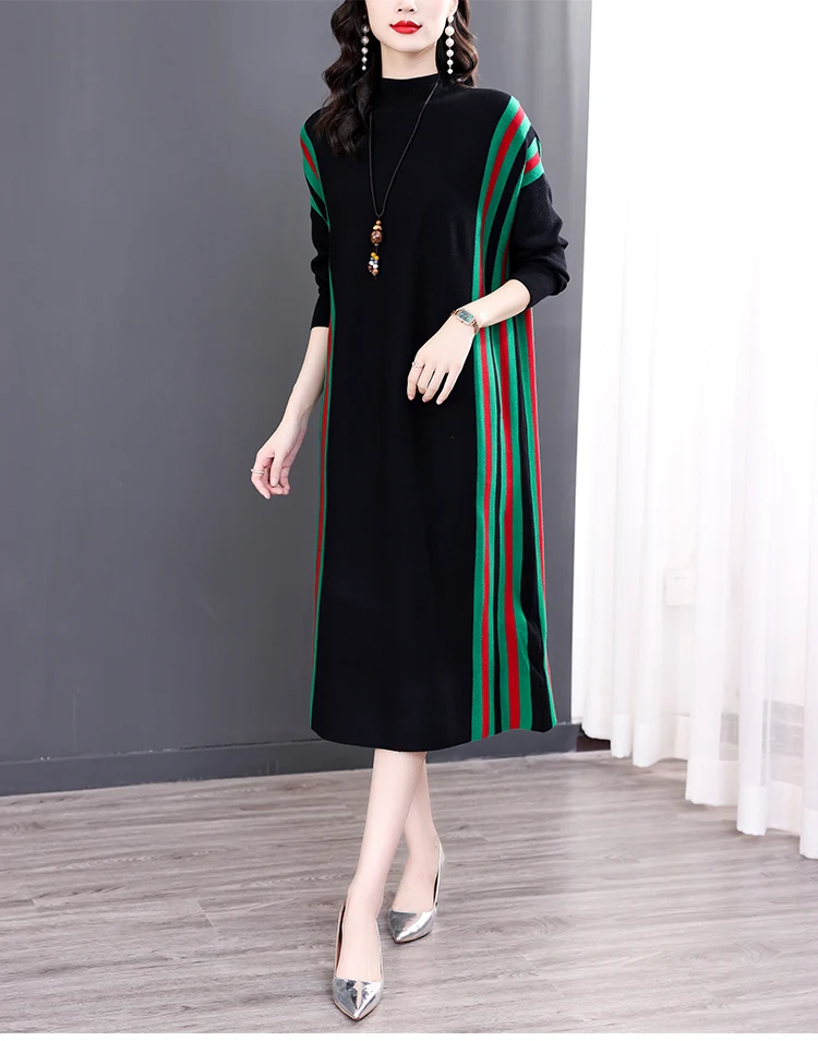 Winter Green Casual Knitted Sweater&Jumpers Autumn Elegant Vintage O-Neck Pullovers Women Bodycon Wool Sweater Midi Dresses