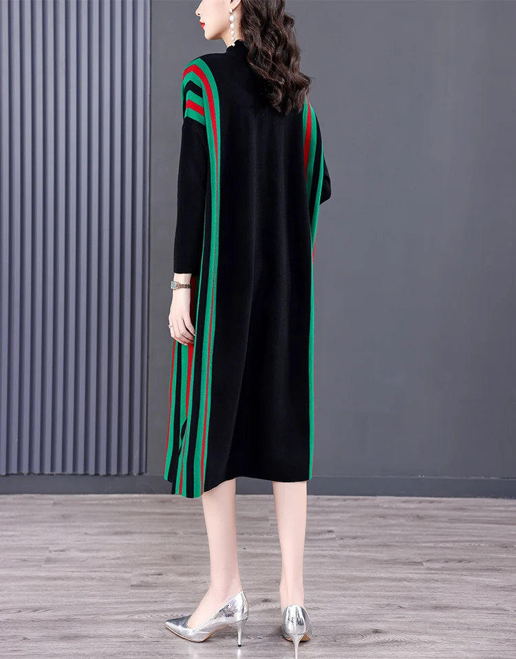 Winter Green Casual Knitted Sweater&Jumpers Autumn Elegant Vintage O-Neck Pullovers Women Bodycon Wool Sweater Midi Dresses