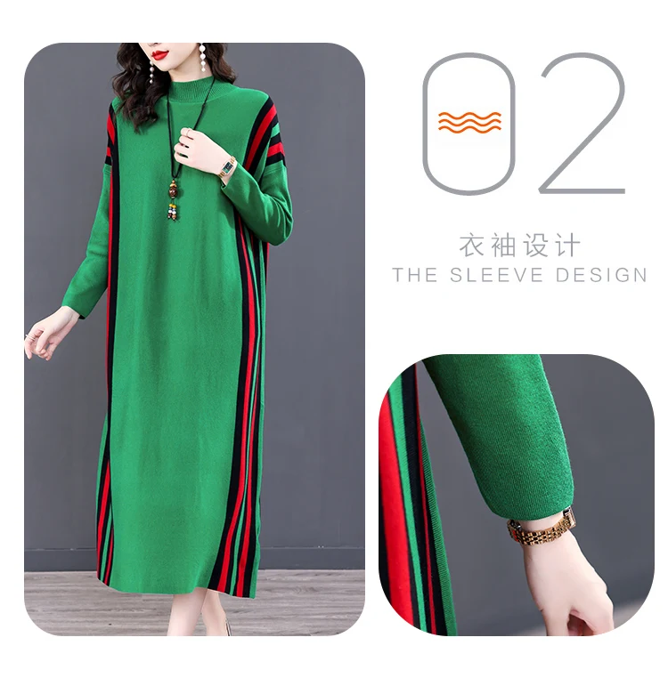 Winter Green Casual Knitted Sweater&Jumpers Autumn Elegant Vintage O-Neck Pullovers Women Bodycon Wool Sweater Midi Dresses