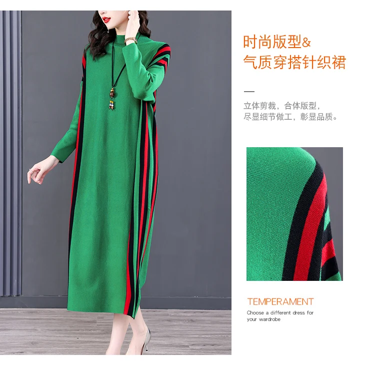 Winter Green Casual Knitted Sweater&Jumpers Autumn Elegant Vintage O-Neck Pullovers Women Bodycon Wool Sweater Midi Dresses