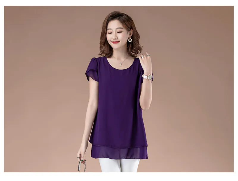Office Lady Summer Blouse Women Chiffon Work Slim Shirts O-Neck Short Sleeve Tops Shirt Two Layer Ruffles Blusas Plus Size Tops
