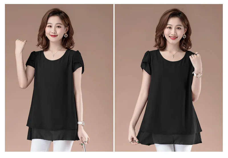 Office Lady Summer Blouse Women Chiffon Work Slim Shirts O-Neck Short Sleeve Tops Shirt Two Layer Ruffles Blusas Plus Size Tops