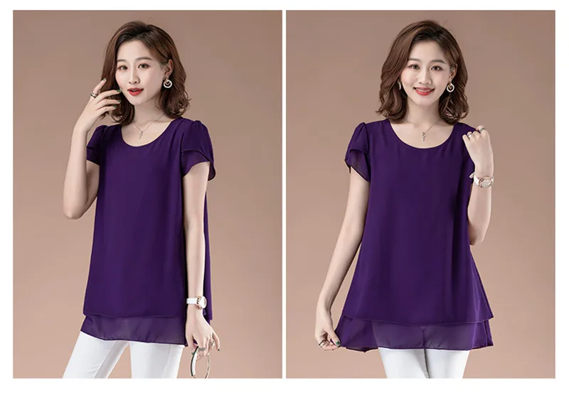 Office Lady Summer Blouse Women Chiffon Work Slim Shirts O-Neck Short Sleeve Tops Shirt Two Layer Ruffles Blusas Plus Size Tops
