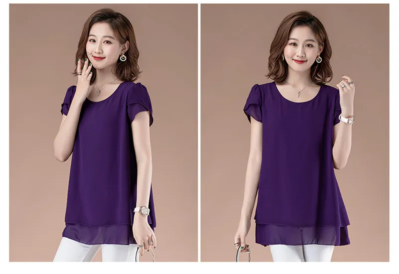 Office Lady Summer Blouse Women Chiffon Work Slim Shirts O-Neck Short Sleeve Tops Shirt Two Layer Ruffles Blusas Plus Size Tops