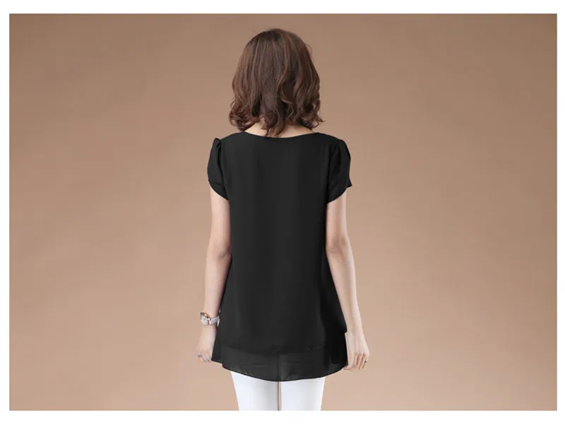 Office Lady Summer Blouse Women Chiffon Work Slim Shirts O-Neck Short Sleeve Tops Shirt Two Layer Ruffles Blusas Plus Size Tops