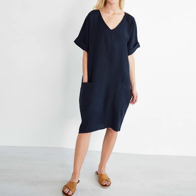 Women Casual Short Sleeve V Neck Cotton Linen Loose Dress Vintage Solid Pockets Oversized Dress Elegant Beach Holiday Mini Dress