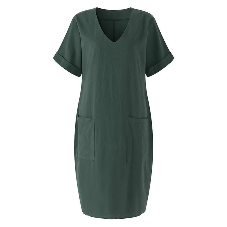 Women Casual Short Sleeve V Neck Cotton Linen Loose Dress Vintage Solid Pockets Oversized Dress Elegant Beach Holiday Mini Dress