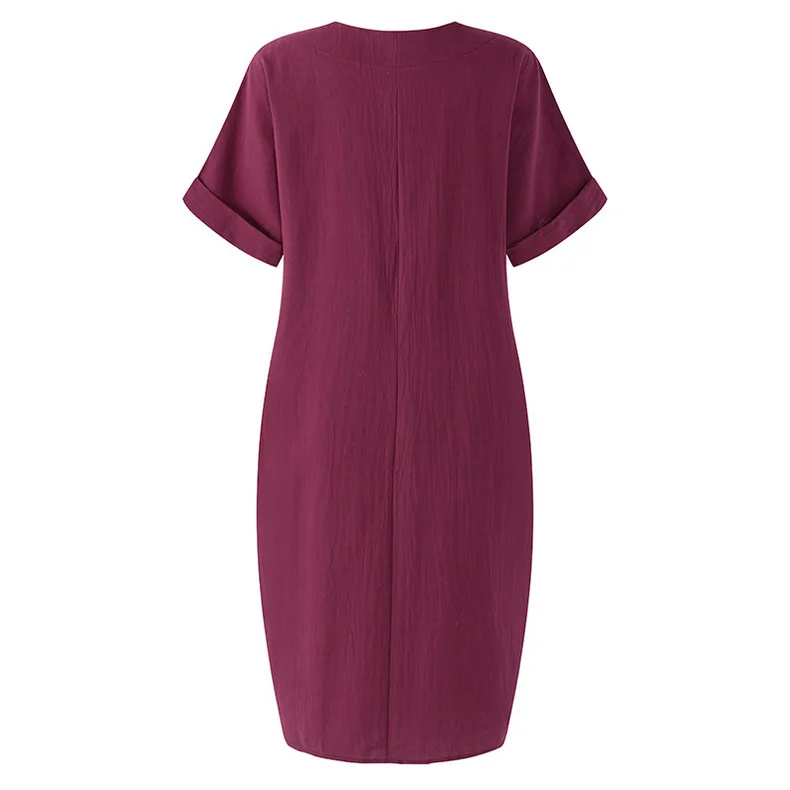 Women Casual Short Sleeve V Neck Cotton Linen Loose Dress Vintage Solid Pockets Oversized Dress Elegant Beach Holiday Mini Dress