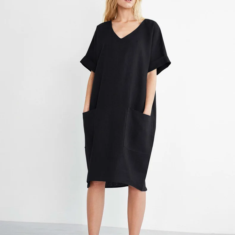 Women Casual Short Sleeve V Neck Cotton Linen Loose Dress Vintage Solid Pockets Oversized Dress Elegant Beach Holiday Mini Dress