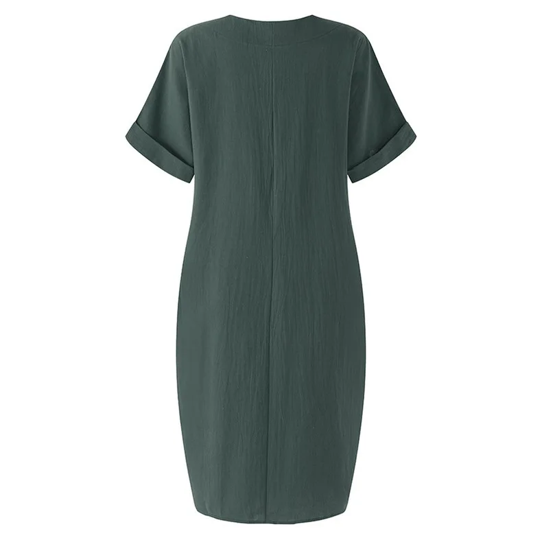 Women Casual Short Sleeve V Neck Cotton Linen Loose Dress Vintage Solid Pockets Oversized Dress Elegant Beach Holiday Mini Dress