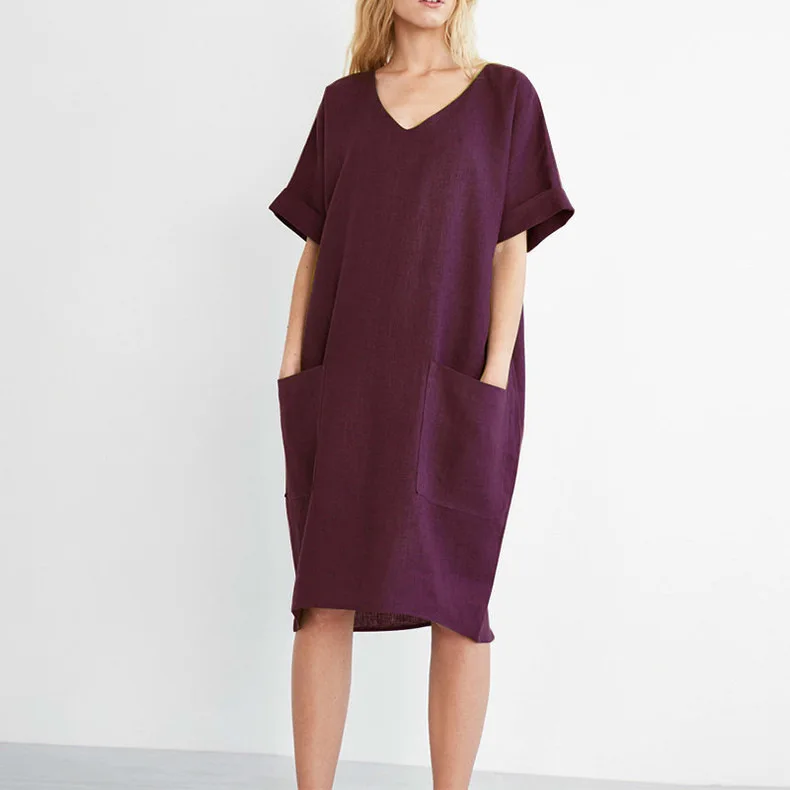 Women Casual Short Sleeve V Neck Cotton Linen Loose Dress Vintage Solid Pockets Oversized Dress Elegant Beach Holiday Mini Dress