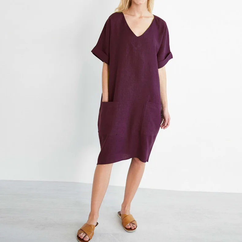 Women Casual Short Sleeve V Neck Cotton Linen Loose Dress Vintage Solid Pockets Oversized Dress Elegant Beach Holiday Mini Dress