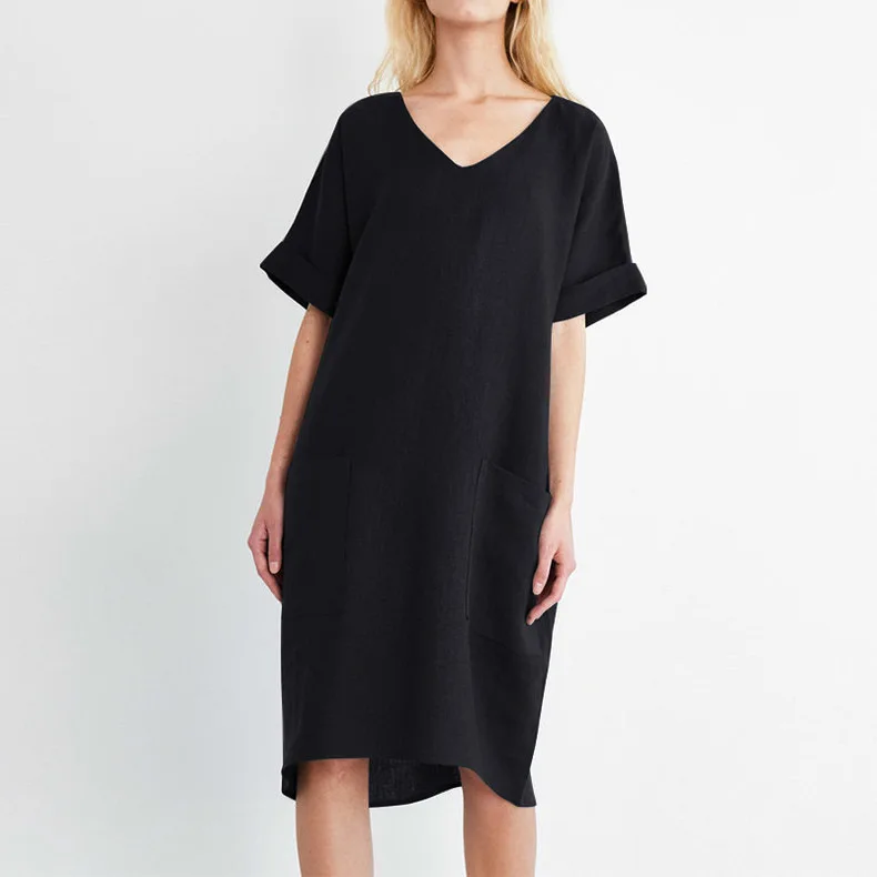 Women Casual Short Sleeve V Neck Cotton Linen Loose Dress Vintage Solid Pockets Oversized Dress Elegant Beach Holiday Mini Dress
