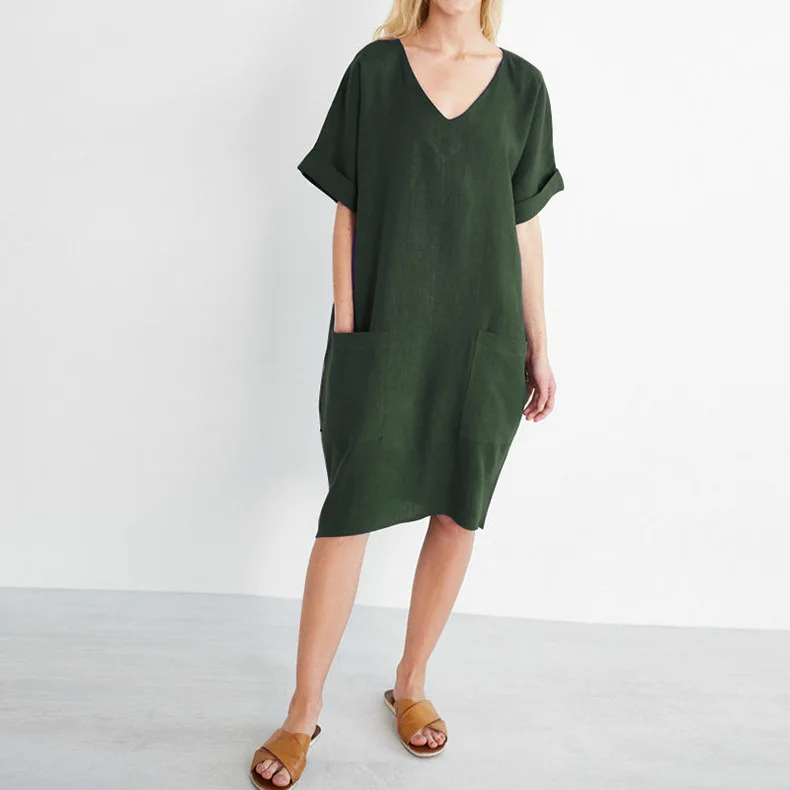 Women Casual Short Sleeve V Neck Cotton Linen Loose Dress Vintage Solid Pockets Oversized Dress Elegant Beach Holiday Mini Dress