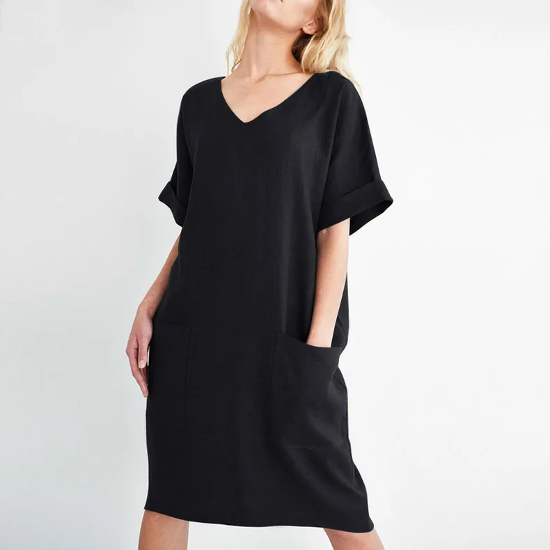 Women Casual Short Sleeve V Neck Cotton Linen Loose Dress Vintage Solid Pockets Oversized Dress Elegant Beach Holiday Mini Dress