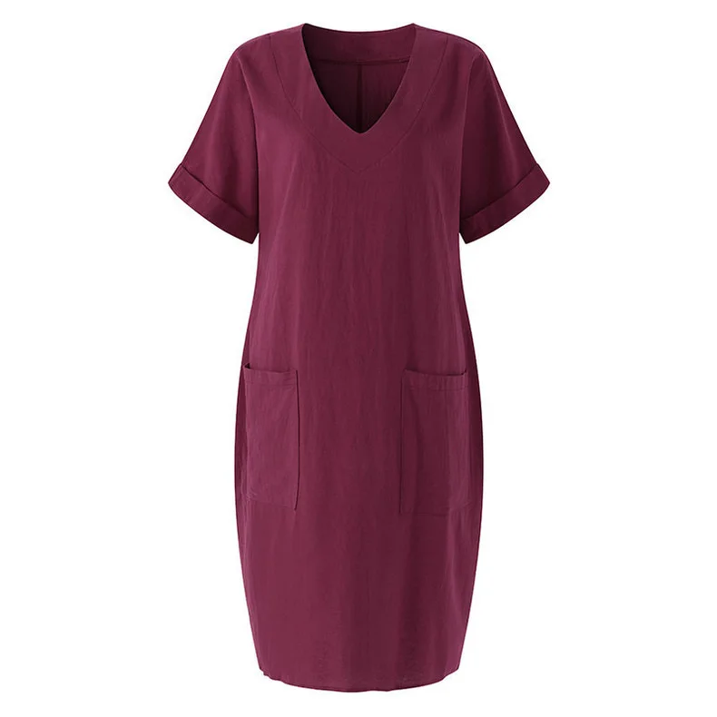 Women Casual Short Sleeve V Neck Cotton Linen Loose Dress Vintage Solid Pockets Oversized Dress Elegant Beach Holiday Mini Dress