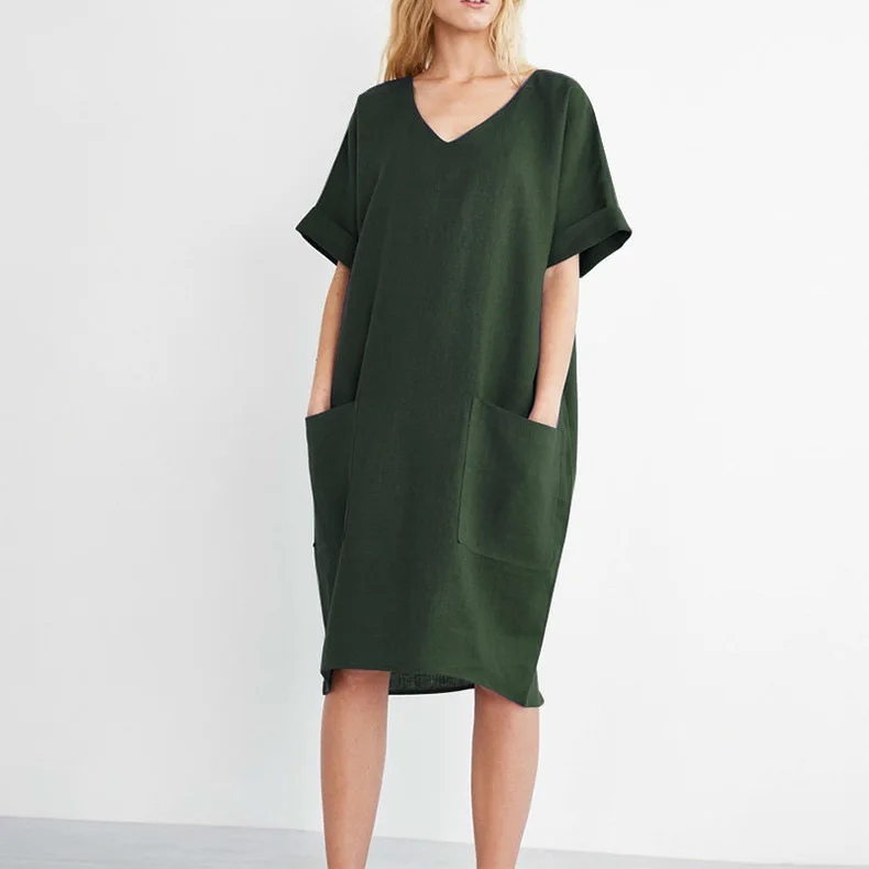Women Casual Short Sleeve V Neck Cotton Linen Loose Dress Vintage Solid Pockets Oversized Dress Elegant Beach Holiday Mini Dress
